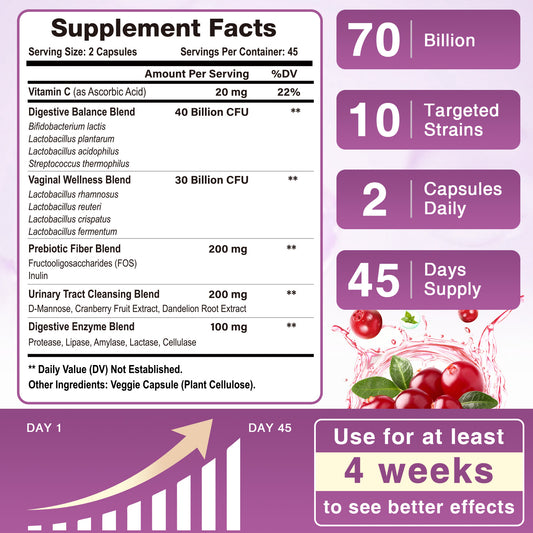 Women's 70 Billion CFUs Probiotic with Digestive Enzymes and Cranberry